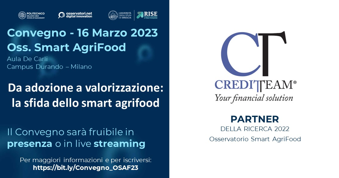 Giovedì 16 marzo 2023 parteciperemo al convegno finale dell’OSSERVATORIO SMART AGRIFOOD