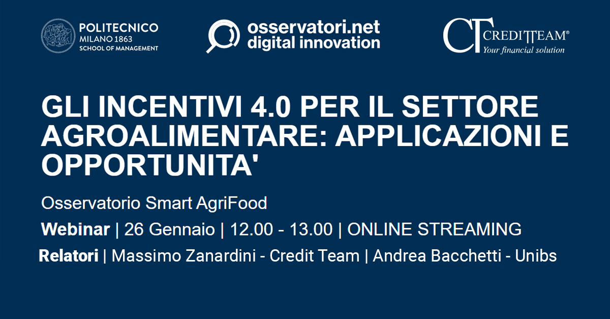 Credit Team è partner della ricerca 2022-2023 agrifood dell'osservatorio SMART AGRIFOOD del Politecnico di Milano, insieme a RISE Innovation.